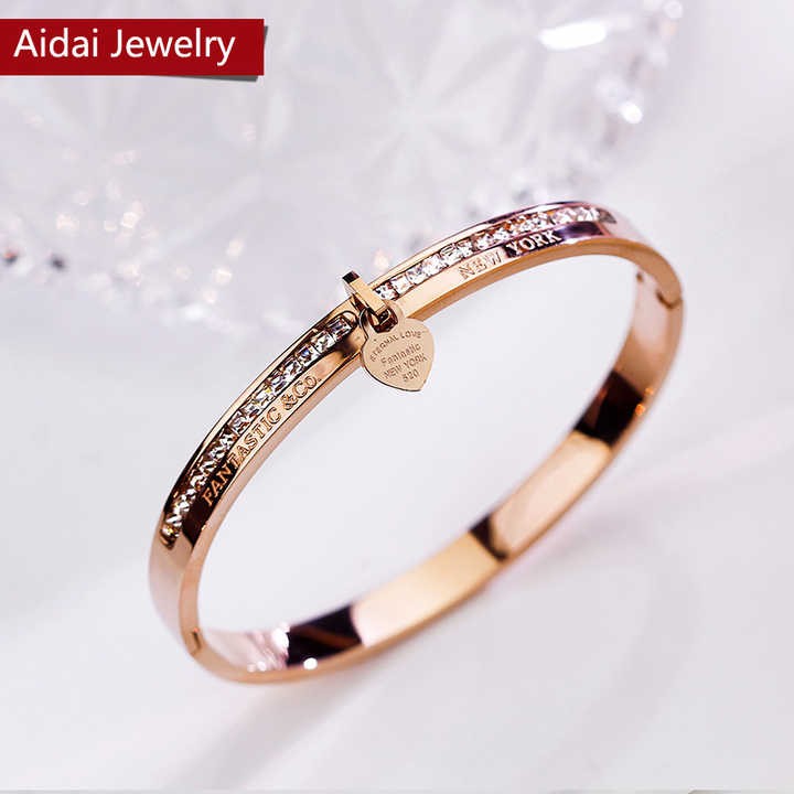 Hot Brand Jewelry Pulseira Rose Gold Stainless Steel Bracelets & Bangles Crystal Heart Forever